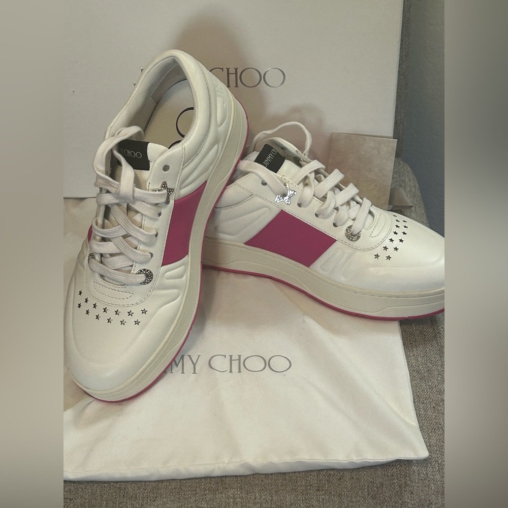 PRISTINE Jimmy Choo Hawaii Leather Stripe Flatform Sneakers - Picture 8 of 12